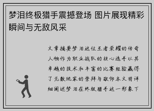 梦泪终极猎手震撼登场 图片展现精彩瞬间与无敌风采